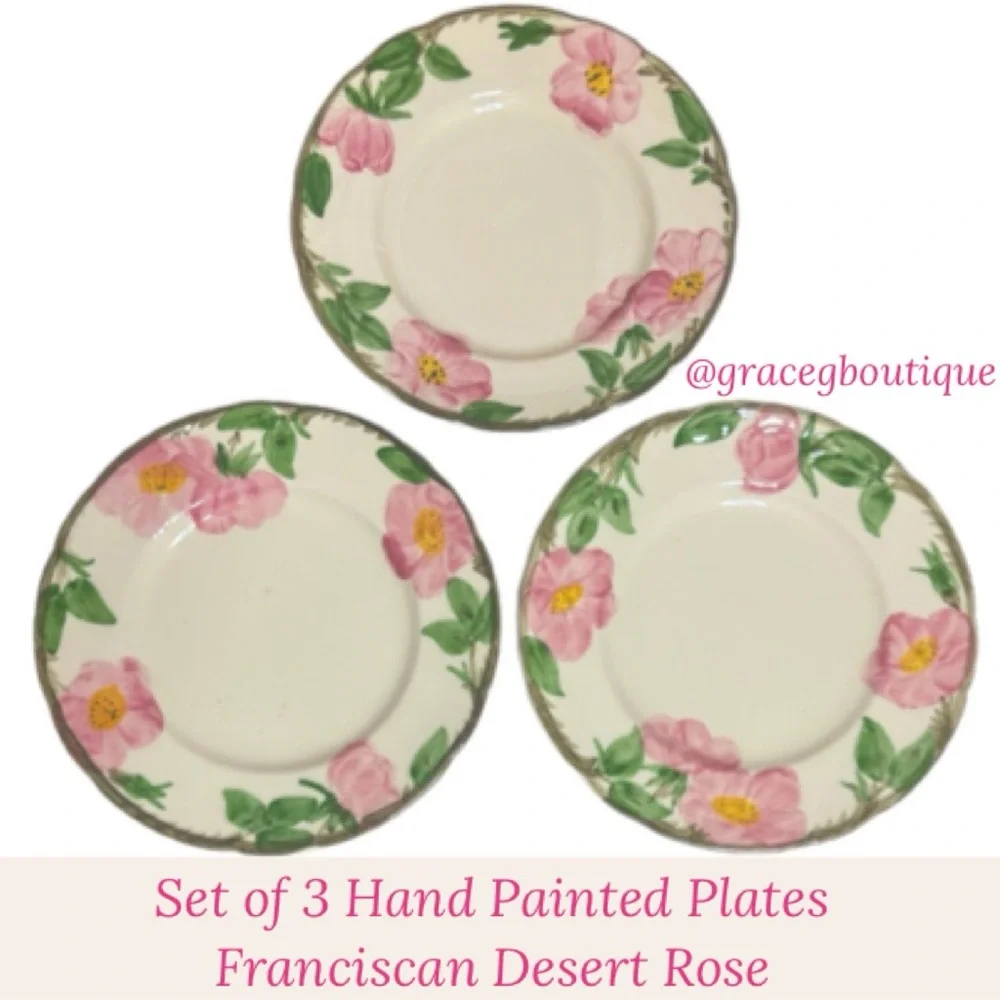Franciscan Desert Rose 8” Plates 3 Pc Set Vintage Dishes USA Cottage Cream Pink